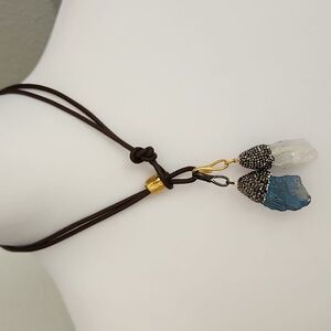 Leather Choker Style Necklace Pendant with Gold Accents With 2 Crystal Enhancers